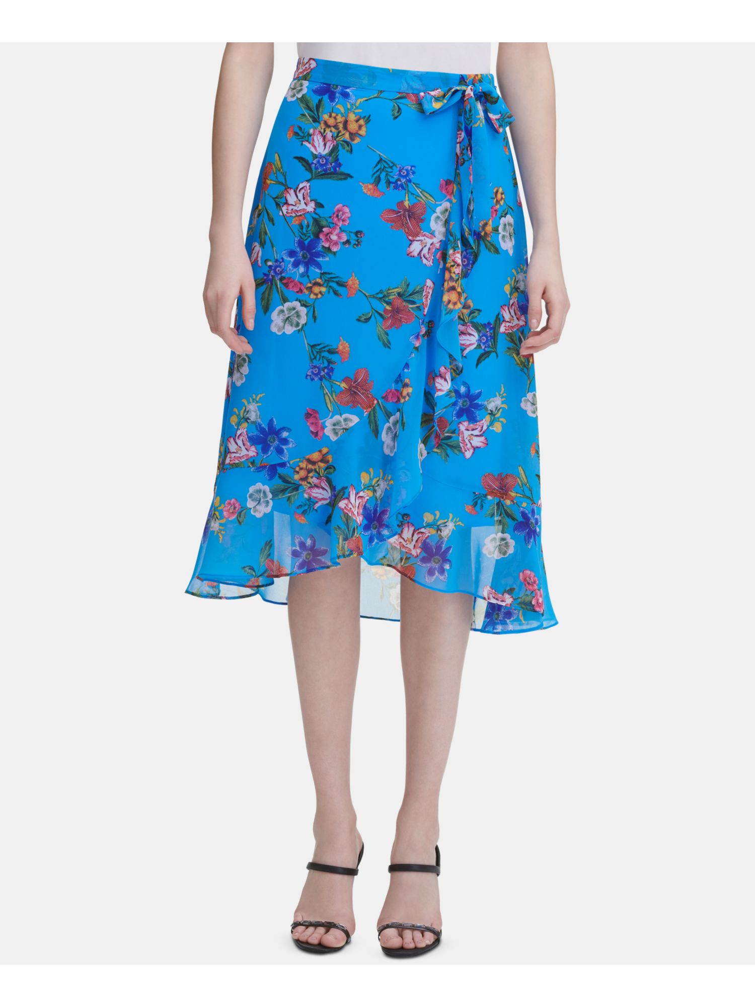 CALVIN KLEIN Womens Blue Floral Midi Wear To Work Ruffled Skirt 12